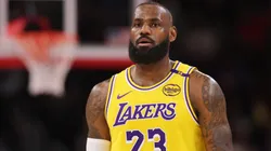 LeBron James #23 of the Los Angeles Lakers looks on against the Chicago Bulls at the United Center.