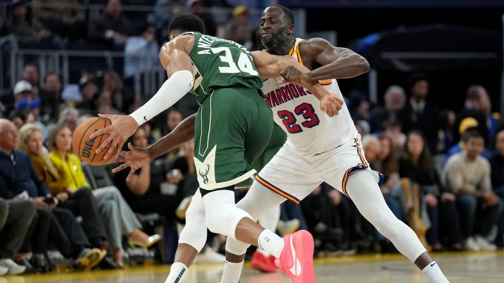 Draymond Green #23  defends against Giannis Antetokounmpo #34 during the second half at Chase Center. (Thearon W. Henderson/Getty Images)