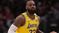 LeBron James #23 of the Los Angeles Lakers dribbles against the Chicago Bulls during the first half at the United Center.