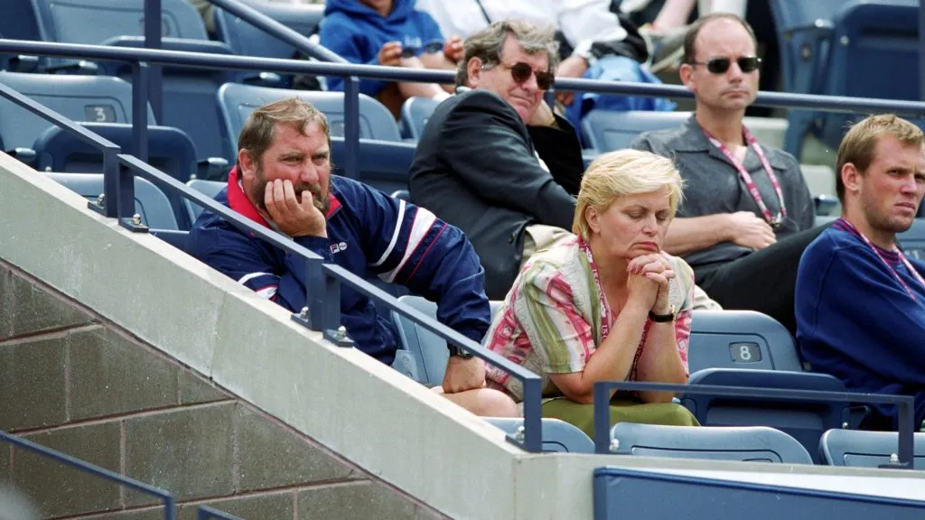 Jelena Dokic’s parents sit and watch from the stands during the U.S. Open in 1999 (Al Bello /Allsport)