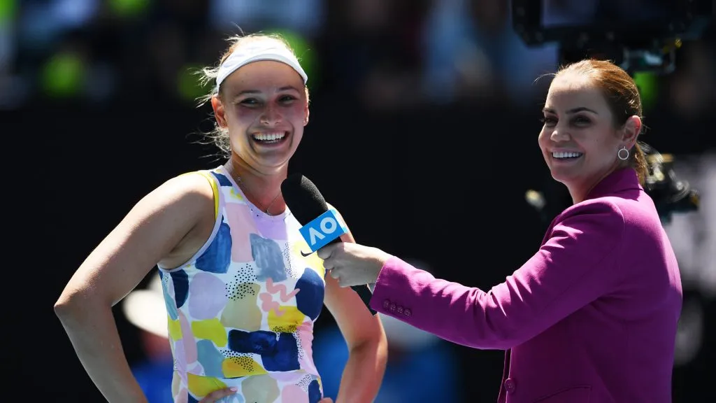 onna Vekic of Croatia is interviewed by Jelena Dokic at the 2020 Australian Open (Hannah Peters/Getty Images)