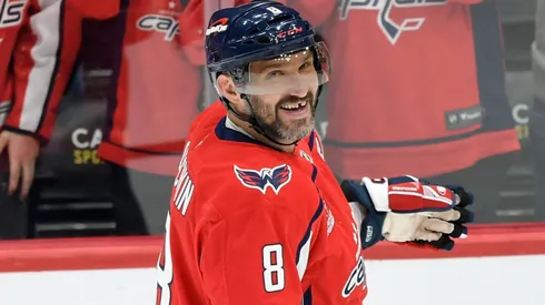 Alex Ovechkin #8 of the Washington Capitals looks on after an assist on a goal against the Buffalo Sabres during the first period at Capital One Arena on March 30, 2025 in Washington, DC.
