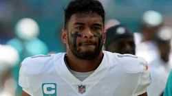 Quarterback Tua Tagovailoa #1 of the Miami Dolphins warms up before the game against the Buffalo Bills at Hard Rock Stadium on September 25, 2022 in Miami Gardens, Florida.