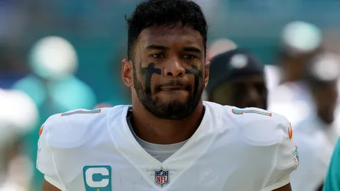Quarterback Tua Tagovailoa #1 of the Miami Dolphins warms up before the game against the Buffalo Bills at Hard Rock Stadium on September 25, 2022 in Miami Gardens, Florida.