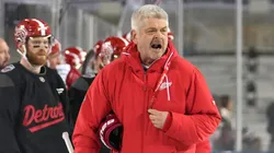 : Head coach Todd McLellan of the Detroit Red Wings reacts during practice at Ohio Stadium on February 28, 2025 in Columbus, Ohio.