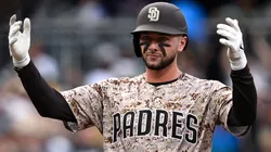 Jackson Merrill #3 of the San Diego Padres celebrates after hitting an RBI double against the Atlanta Braves during the seventh inning at Petco Park on March 30, 2025 in San Diego, California.