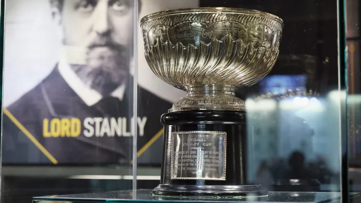 A general view of the original Stanley Cup in the Great Hall during a media availability at the Hockey Hall Of Fame on November 08, 2024.