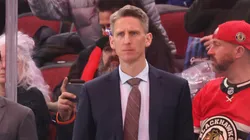 Head coach Kris Knoblauch of the Edmonton Oilers looks on against the Chicago Blackhawks during the second period at the United Center on January 11, 2025 in Chicago, Illinois.