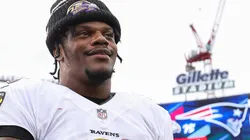 Lamar Jackson #8 of the Baltimore Ravens reacts after the game against the New England Patriots at Gillette Stadium on September 25, 2022 in Foxborough, Massachusetts.