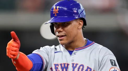 Juan Soto #22 of the New York Mets reacts in the eighth inning against the Houston Astros on Opening Day at Daikin Park on March 27, 2025 in Houston, Texas.