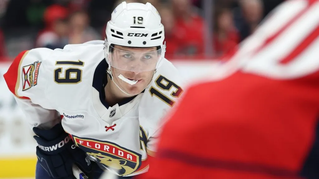 Matthew Tkachuk #19 of the Florida Panthers looks on against the Washington Capitals at Capital One Arena on February 04, 2025. (Source: Patrick Smith/Getty Images)