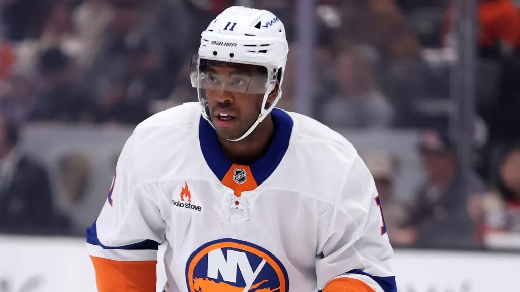 Anthony Duclair #11 of the New York Islanders skates to a puck during the first period of a game against the Anaheim Ducks at Honda Center on March 09, 2025 in Anaheim, California.