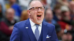 Head coach Buzz Williams of the Texas A&M Aggies reacts while playing the Yale Bulldogs during the first half in the first round of the NCAA Men's Basketball Tournament at Ball Arena on March 20, 2025 in Denver, Colorado.
