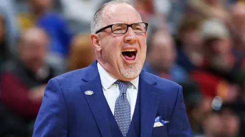 Head coach Buzz Williams of the Texas A&M Aggies reacts while playing the Yale Bulldogs during the first half in the first round of the NCAA Men's Basketball Tournament at Ball Arena on March 20, 2025 in Denver, Colorado.