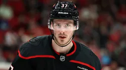 Andrei Svechnikov #37 of the Carolina Hurricanes looks on during the second period of the game against the Vancouver Canucks at Lenovo Center on January 10, 2025 in Raleigh, North Carolina.