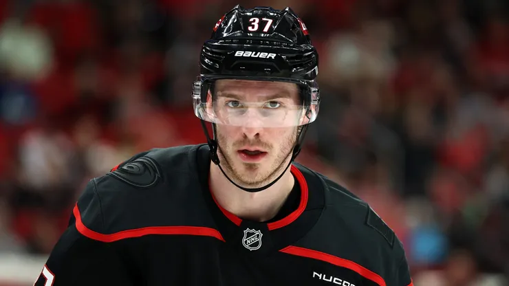 Andrei Svechnikov #37 of the Carolina Hurricanes looks on during the second period of the game against the Vancouver Canucks at Lenovo Center on January 10, 2025 in Raleigh, North Carolina.