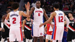 Jalen Duren, Cade Cunningham and Tobias Harris of the Detroit Pistons against the Portland Trail Blazers on January 06, 2025