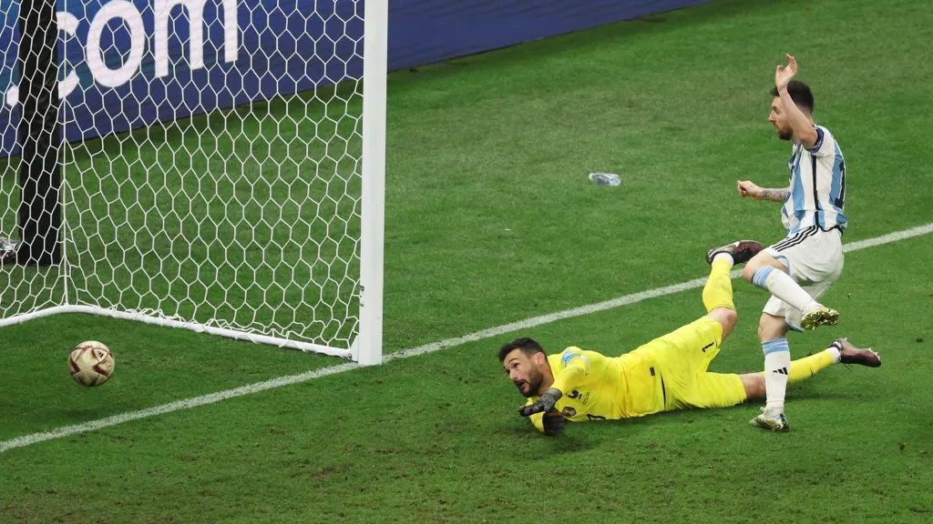 Lionel Messi of Argentina scores the team’s third goal past Hugo Lloris of France during the FIFA World Cup Qatar 2022 Final match. (Richard Heathcote/Getty Images)