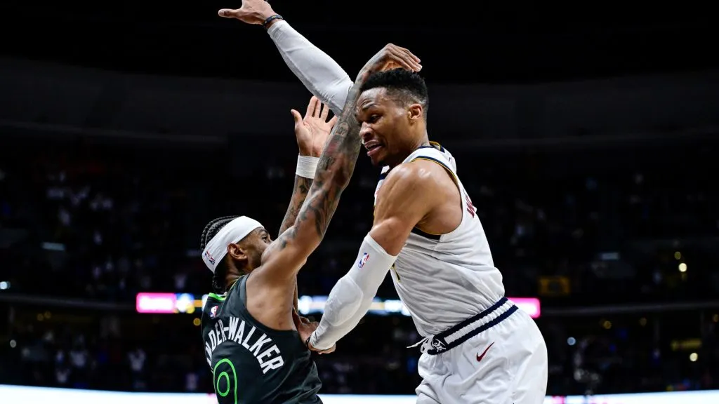 Russell Westbrook #4 fouls Nickeil Alexander-Walker #9  on a three point attempt as time expires. (Dustin Bradford/Getty Images)