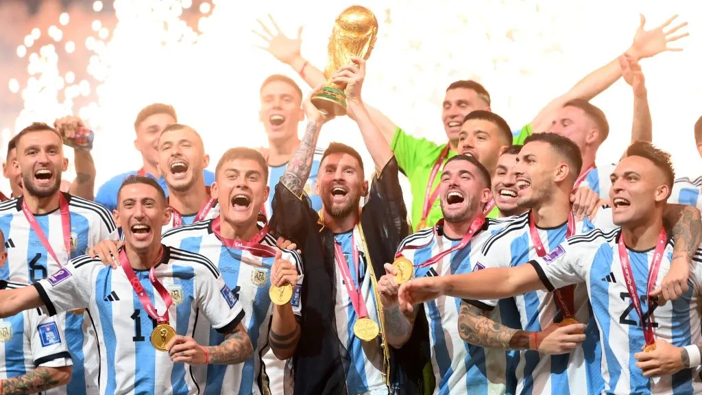 Lionel Messi of Argentina lifts the FIFA World Cup Qatar 2022 Winner’s Trophy following the FIFA World Cup Qatar 2022 Final match between Argentina and France. (Source: Dan Mullan/Getty Images)