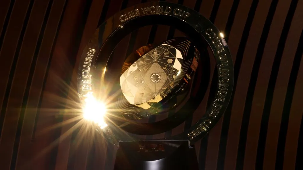 A detailed view of The FIFA Club World Cup Trophy during the reception after the 2025 FIFA Club World Cup Draw at Telemundo Studios on December 05, 2024. (Source: Brennan Asplen/Getty Images)