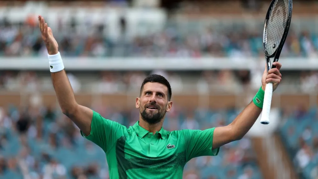 Novak Djokovic of Serbia celebrates a point against Camilo Ugo Carabelli of Argentina during Day 6 of the Miami Open. (Al Bello/Getty Images)
