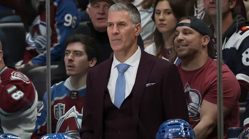 Head coach Jared Bednar of the Colorado Avalanche watches as his team plays the Seattle Kraken in the first period during Game Five of the First Round of the 2023 Stanley Cup Playoffs at Ball Arena on April 26, 2023 in Denver, Colorado.