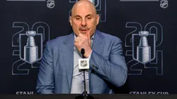 : Rick Tocchet head coach of the Vancouver Canucks speaks to the press after losing to the Edmonton Oilers in Game Seven of the Second Round of the 2024 Stanley Cup Playoffs.