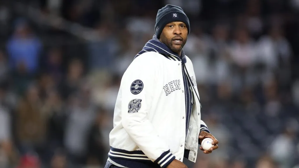 CC. Sabathia throws out the ceremonial first pitch ahead of Game One of the American League Championship Series between the Cleveland Guardians and the New York Yankeesat Yankee Stadium on October 14, 2024 in New York City. (Photo by Sarah Stier/Getty Images)