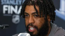 Anthony Duclair #10 of the Florida Panthers is interviewed during Media Day for the 2023 NHL Stanley Cup Final between the Panthers and the Vegas Golden Knights at T-Mobile Arena on June 02, 2023 in Las Vegas, Nevada.