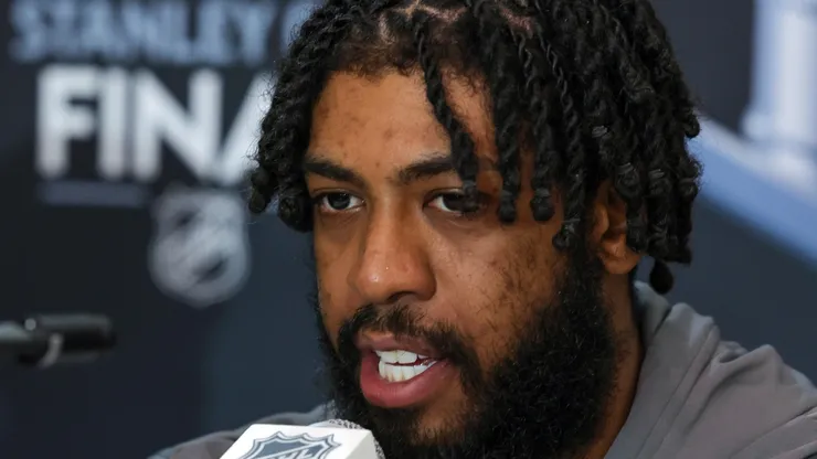 Anthony Duclair #10 of the Florida Panthers is interviewed during Media Day for the 2023 NHL Stanley Cup Final between the Panthers and the Vegas Golden Knights at T-Mobile Arena on June 02, 2023 in Las Vegas, Nevada.
