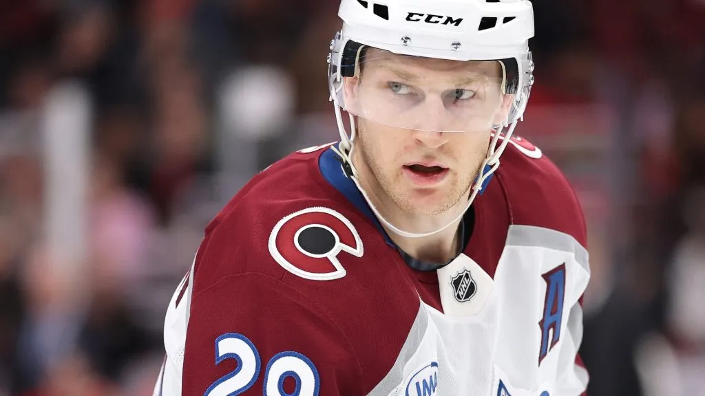 Nathan MacKinnon #29 of the Colorado Avalanche looks on against the Chicago Blackhawks during the third period at the United Center on January 08, 2025. (Source: Michael Reaves/Getty Images)