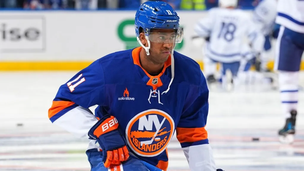 Anthony Duclair #11 of the New York Islanders skates during warm up prior to the game against the Toronto Maple Leafs on January 2, 2025 at UBS Arena in Elmont, New York.
