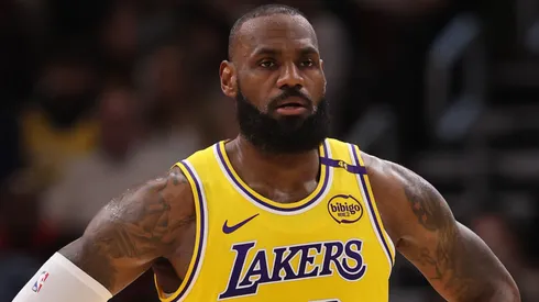 LeBron James #23 of the Los Angeles Lakers looks on against the Chicago Bulls at the United Center.