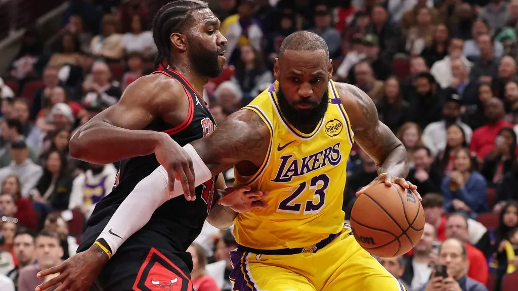 LeBron James #23 drives to the basket against Patrick Williams #44 during the first half at the United Center. (Michael Reaves/Getty Images)
