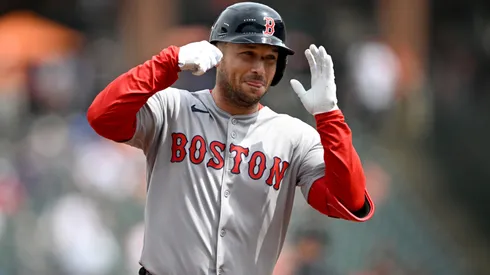 Alex Bregman #2 of the Boston Red Sox celebrates after hitting a two-run home run in the first inning against the Baltimore Orioles at Oriole Park at Camden Yards on April 03, 2025 in Baltimore, Maryland.