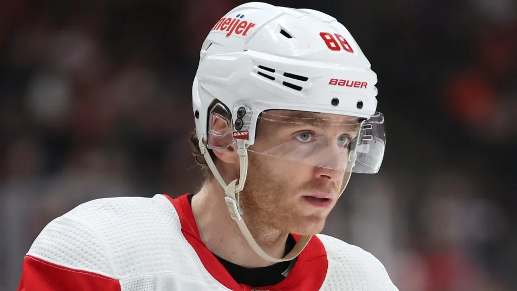 Patrick Kane #88 of the Detroit Red Wings looks on during the first period of a game against the Anaheim Ducks at Honda Center on January 07, 2024 in Anaheim, California.