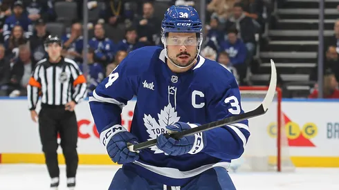 Auston Matthews #34 of the Toronto Maple Leafs skates against the Carolina Hurricanes during the first period in an NHL game at Scotiabank Arena on February 22, 2025 in Toronto, Ontario, Canada.
