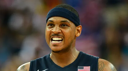 Carmelo Anthony #15 of United States reacts in the second half after making a three-pointer while taking on Argentina during the Men's Basketball semifinal