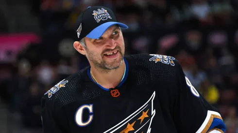 Alex Ovechkin #8 of the Washington Capitals looks on during the 2023 NHL All-Star Skills Competition at FLA Live Arena on February 03, 2023 in Sunrise, Florida.