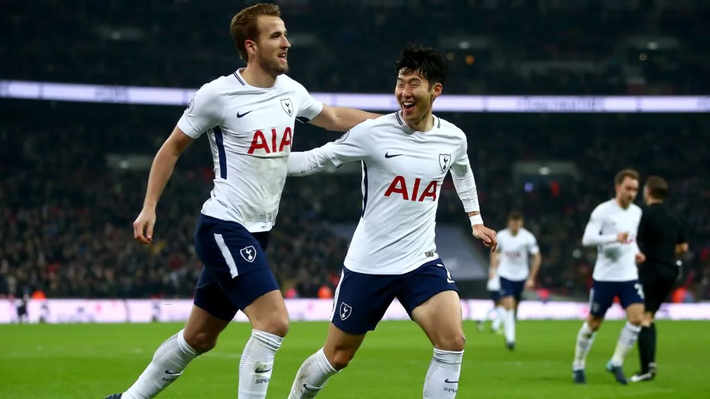 Harry Kane celebrates with teammate Heung-Min Son after scoring his sides second goal during a match between Tottenham Hotspur and Everton. (Jordan Mansfield/Getty Images)