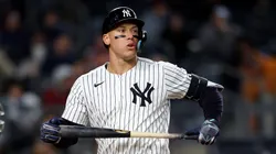 Aaron Judge #99 of the New York Yankees reacts after striking out to end the sixth inning against the Arizona Diamondbacks at Yankee Stadium on April 02, 2025 in the Bronx borough of New York City.