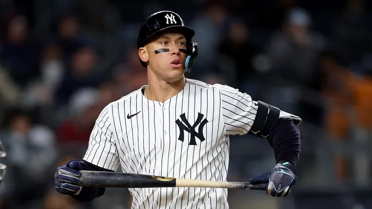 Aaron Judge #99 of the New York Yankees reacts after striking out to end the sixth inning against the Arizona Diamondbacks at Yankee Stadium on April 02, 2025 in the Bronx borough of New York City.