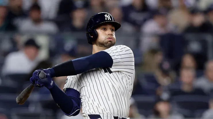 J.C. Escarra #25 of the New York Yankees follows through on his seventh inning double against the Arizona Diamondbacks at Yankee Stadium on April 03, 2025 in New York City. The hit was Escarra's first in the major leagues.