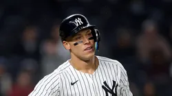 Aaron Judge #99 of the New York Yankees reacts after he was called out on strikes to end the first inning against the Arizona Diamondbacks at Yankee Stadium on April 02, 2025 in the Bronx borough of New York City.