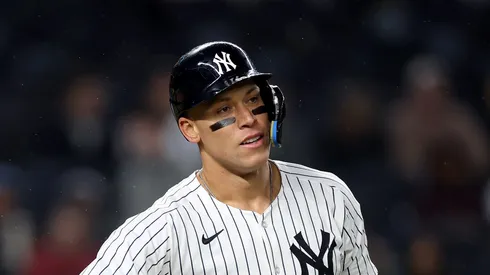 Aaron Judge #99 of the New York Yankees reacts after he was called out on strikes to end the first inning against the Arizona Diamondbacks at Yankee Stadium on April 02, 2025 in the Bronx borough of New York City.