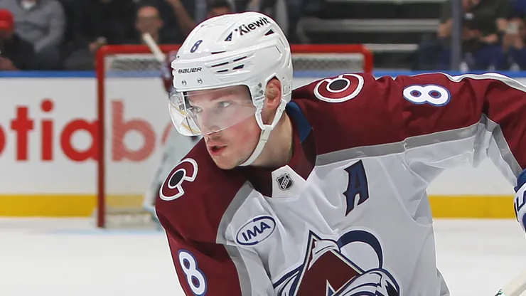 Cale Makar #8 of the Colorado Avalanche skates with the puck against the Toronto Maple Leafs during the third period in an NHL game at Scotiabank Arena on March 19, 2025 in Toronto, Ontario, Canada.