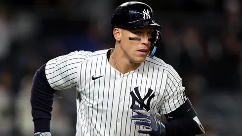 Aaron Judge #99 of the New York Yankees hits a single in the ninth inning against the Arizona Diamondbacks at Yankee Stadium on April 02, 2025 in the Bronx borough of New York City.
