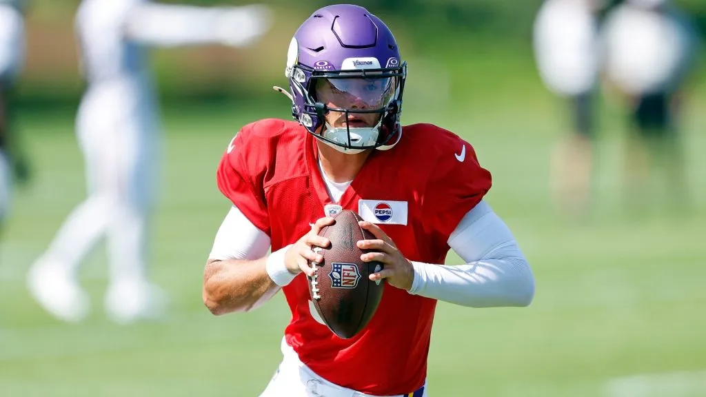 J.J. McCarthy #9 of the Minnesota Vikings participates in a drill during training camp on August 02, 2024. (Source: David Berding/Getty Images)