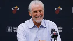 Pat Riley of the Miami Heat addresses the media during the introductory press conference for Jimmy Butler at American Airlines Arena on September 27, 2019.